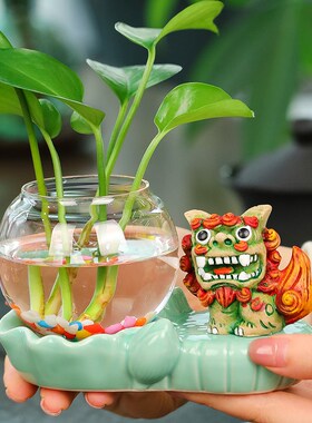 创意可爱新中式狮子水培摆件家居客厅茶桌办公桌装饰花瓶摆件礼品