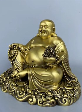 大号弥勒佛摆件纯铜聚宝盆笑佛大肚元宝佛客厅装饰品家用供奉佛像
