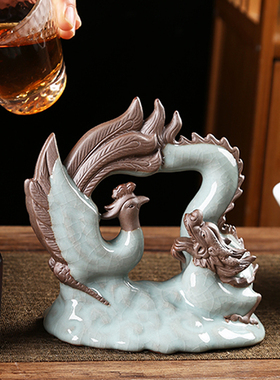 汝窑生肖龙年家居摆件客厅书房玄关装饰品可爱龙凤呈祥陶瓷小摆件