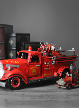 欧璟美 怀旧铁皮老式消防车模型 家居装饰摆件复古手工艺品送礼物