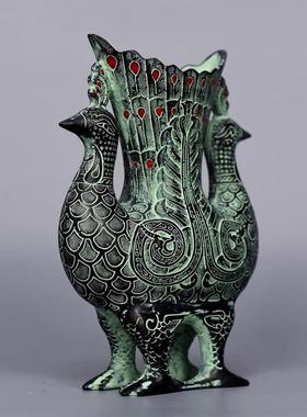 仿古青铜摆杯件青铜双凤樽酒吉祥鸟尊花瓶古玩AFA装饰艺品工花插