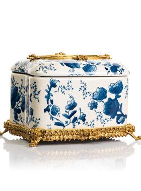 式青花瓷系列摆件盒陶瓷配欧铜MKI花瓶巾客厅装饰青花将军纸罐烛