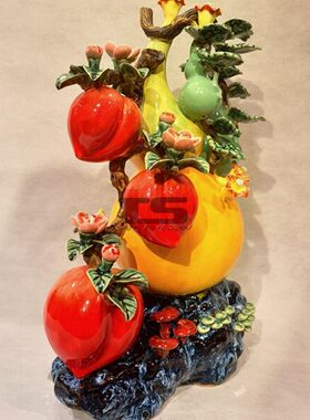 福禄长寿金葫芦寿桃石湾陶瓷公仔客厅办公玄关公司酒柜新中式摆件