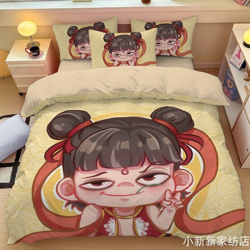 卡通哪吒床上四件套儿童被套学生被罩印花床品三件套单人被单被子,淘宝优惠券,粉丝福利购,淘宝优惠卷