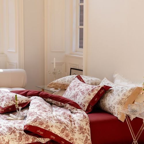 高档简约结婚四件套红色床单被套纯棉新婚庆床上用品婚房陪嫁喜被 - 图2