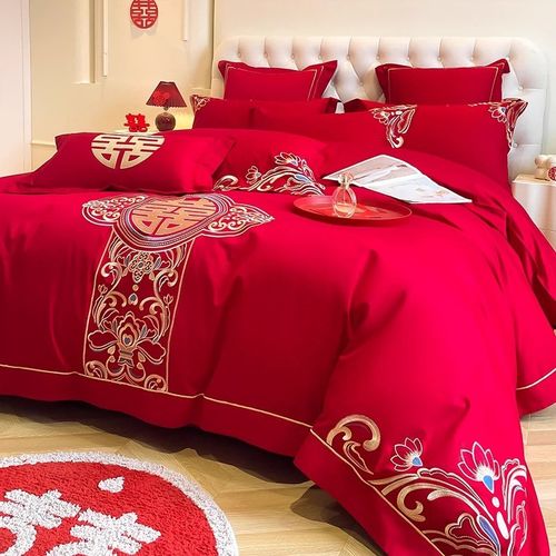 高档中式结婚四件套大红色龙凤刺绣被套床单纯棉婚庆床上用品婚房 - 图1