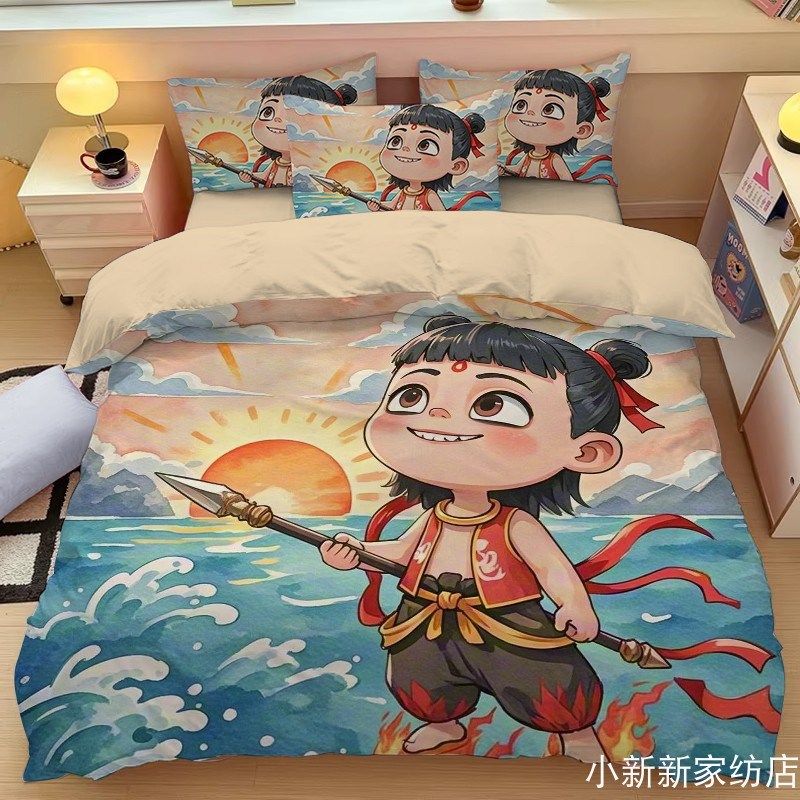 卡通哪吒床上四件套儿童被套学生被罩印花床品三件套单人被单被子,淘宝优惠券,粉丝福利购,淘宝优惠卷