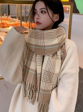 2024新款韩版格n子围巾女款冬季百搭护颈围脖学生高级感韩系氛围