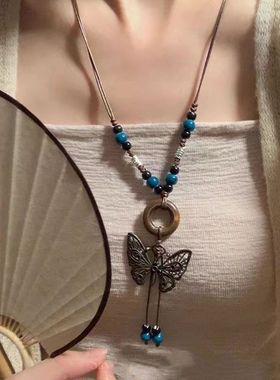 新中式古风蝴蝶陶瓷编织绳项链中国风毛衣链气质小众民族风配饰品