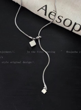 韩系银色方糖吊坠毛衣链女款
