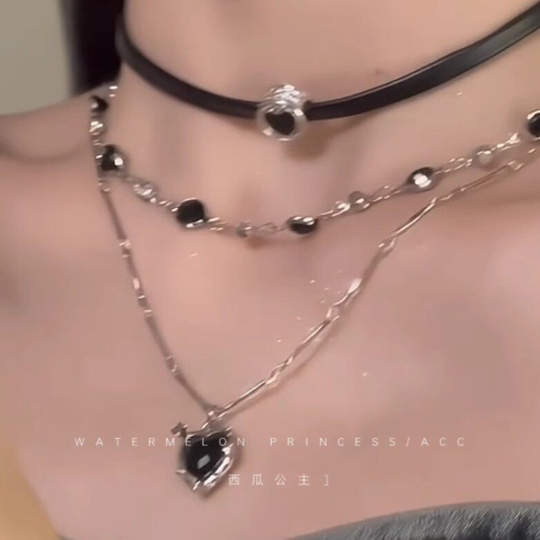 甜酷黑绳锁骨链项链多层叠戴女辣妹黑皮绳链蛇骨链颈链酷风