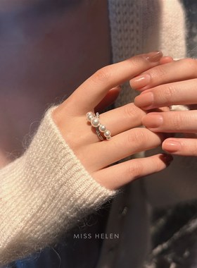 MissHelen双曲线t珍珠戒指女开口可调节重工镶嵌锆石气质小众
