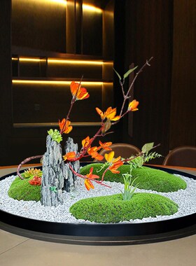酒店餐桌转盘中间装饰摆件大圆桌国风建筑造景微景观圆形摆台花艺