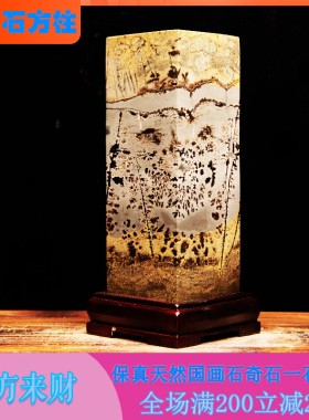 广西国画石方柱四方来财天然奇石原石客厅办公室草花石摆件观赏石