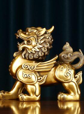 黄铜麒麟摆件一对铜工艺礼品摆饰中式家居办公室桌面公司开业乔迁