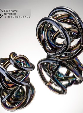 水晶玻璃黑色电镀白色麻绳麻毛饰品抽象客厅书桌酒柜办公室装饰