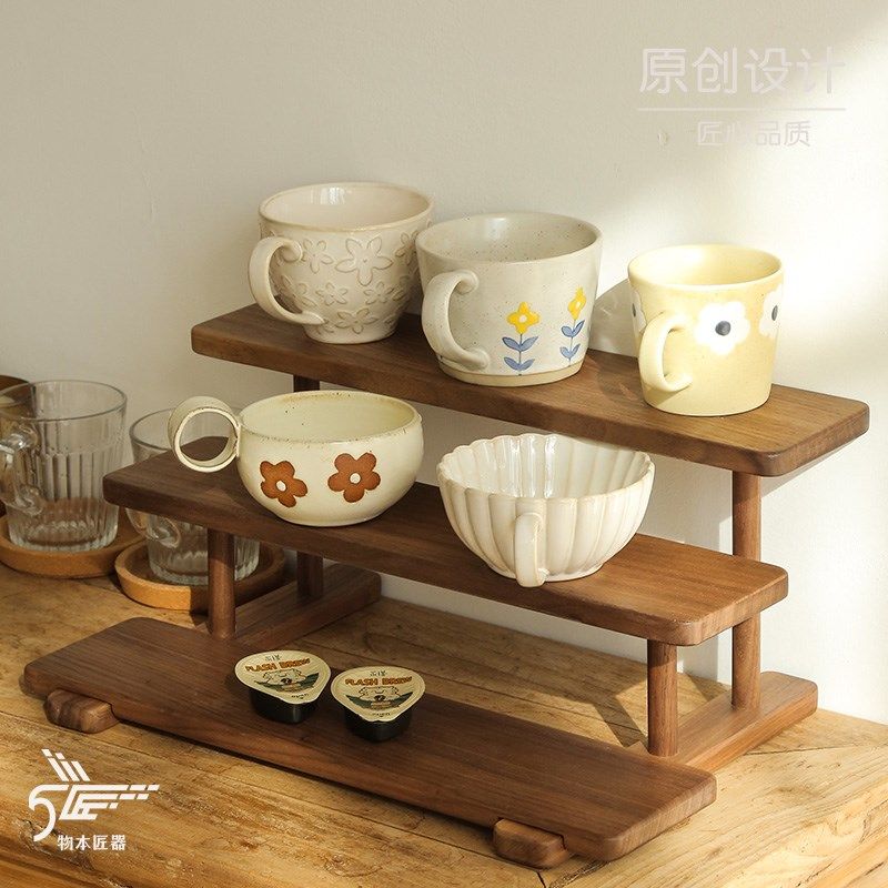 黑胡桃色桌面置物架实木茶具陶瓷杯咖啡吧台用具杯子咖啡角架子,淘宝优惠券,粉丝福利购,淘宝优惠卷