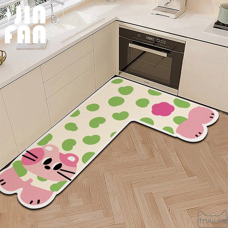 Cartoon floor mat L-shaped kitchen soft diatom mud absorbs water and oil E anti-slip foot mat special corner strip carpet new style