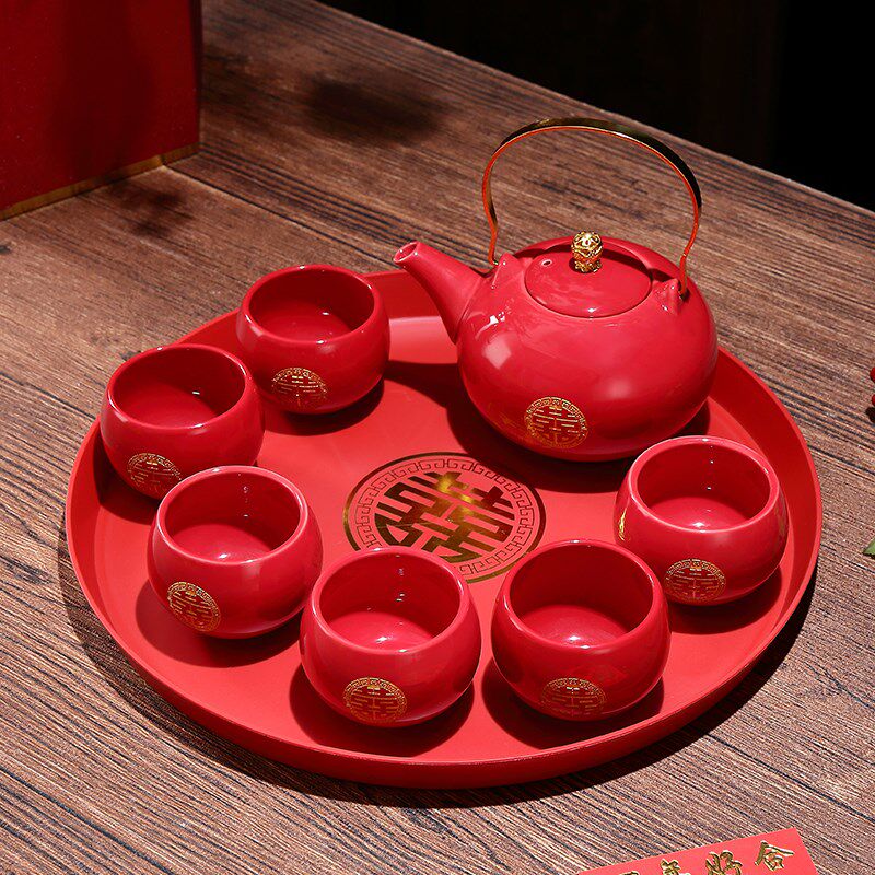 Wedding change of mouth toast tea cup h teapot set wedding engagement supplies red bride dowry tray tea set set