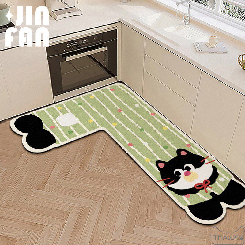 Cartoon floor mat L-shaped kitchen soft diatom mud absorbs water and oil E anti-slip foot mat special corner strip carpet new style