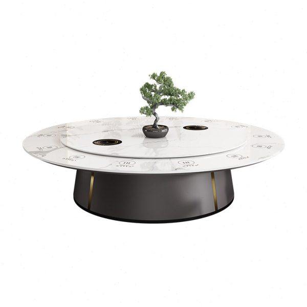 火锅桌子电磁炉一体岩板商用新中式酒店一人一锅铁艺餐桌大圆桌 - 图3