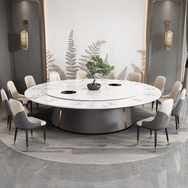 火锅桌子电磁炉一体岩板商用新中式酒店一人一锅铁艺餐桌大圆桌 - 图1