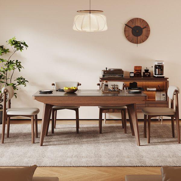 胡桃色实木岩板方圆餐桌可伸缩圆桌家用小户型可折叠餐桌椅组合,淘宝优惠券,粉丝福利购,淘宝优惠卷