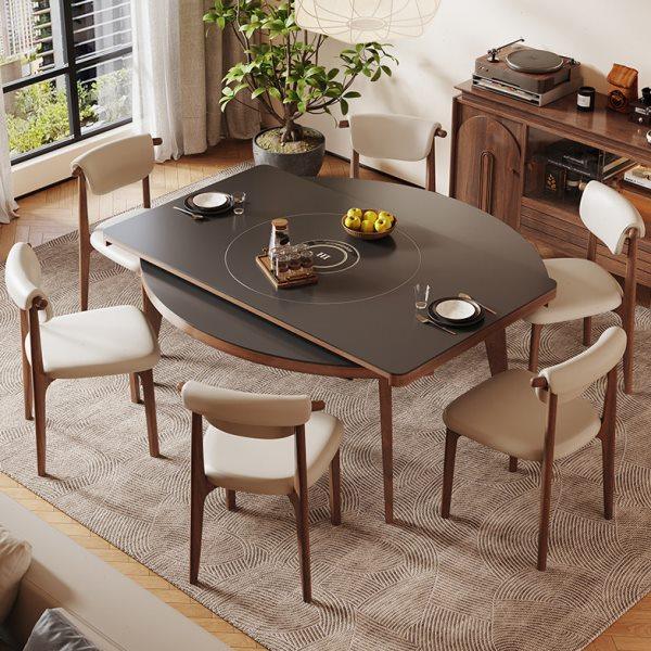 胡桃色实木岩板方圆餐桌可伸缩圆桌家用小户型可折叠餐桌椅组合,淘宝优惠券,粉丝福利购,淘宝优惠卷