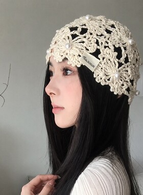 蓝色花朵镂空珍珠套头针织帽女夏