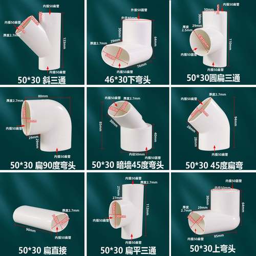 PVC排水扁管75直接50弯头异径110三通椭圆下水管移位扁口配件大全 - 图0