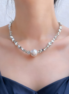 法式优雅碎银子拼接珍珠项链女