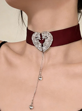 韩式红色丝带流苏镶钻爱心项链女