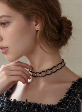 轻奢黑色水晶串珠编织项链锁骨链