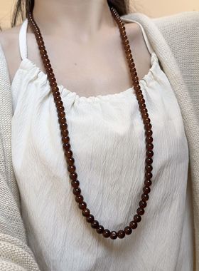 国潮复古棕色串珠项链女长款叠戴