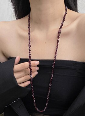 长款不规则酒红色碎石串珠项链女