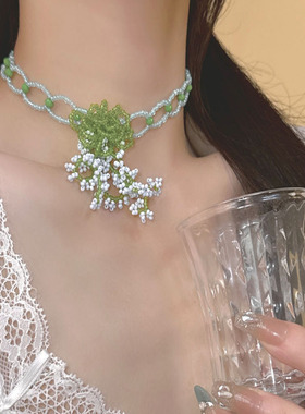 米珠花朵流苏项链女夏季度假风