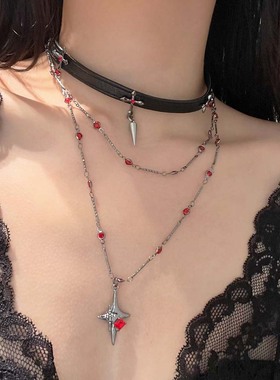 暗黑风皮质项圈铆钉十字架项链女