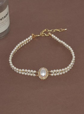 轻奢高档复古双层珍珠镶钻项链女