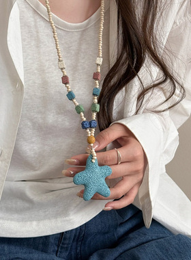 多巴胺彩色串珠火山石爱心项链女