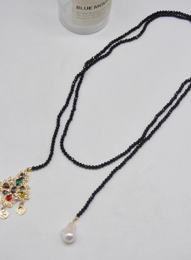 时尚黑尖晶串珠金属彩钻项链女