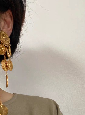 老钱风复古金属罗盘圆片圆币项链女重工黄铜流苏长款毛衣链配饰