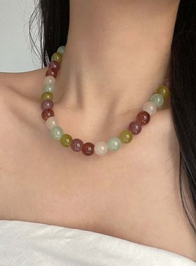 韩系简约糖果色水晶串珠项链女