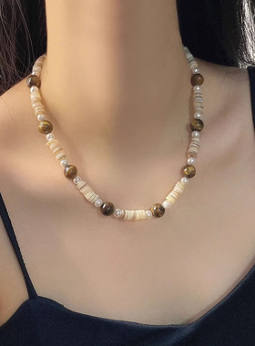 轻奢天然石串珠虎眼石拼接项链女