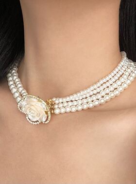 轻奢高级感多层珍珠山茶花项链女