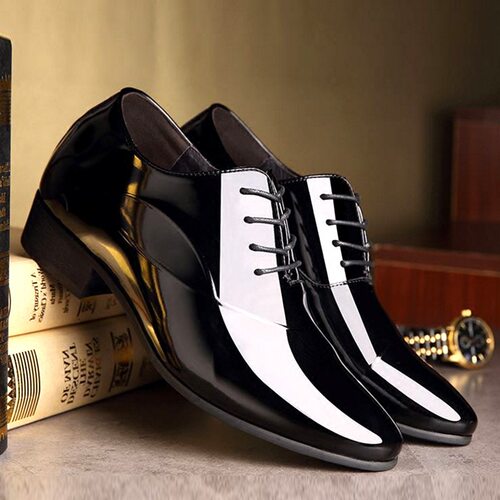 秋季新款男士商务正装尖头漆皮鞋青年百搭系带大码男鞋新郎结婚鞋 - 图0