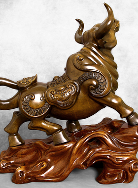 抬头牛摆件牛气冲天仿木雕工艺品店铺办公室桌面摆设开业招财礼品