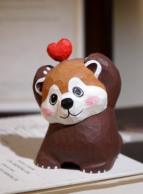 比心!浣熊手工木雕小摆件可爱卡通动物桌面装饰品礼物情侣女