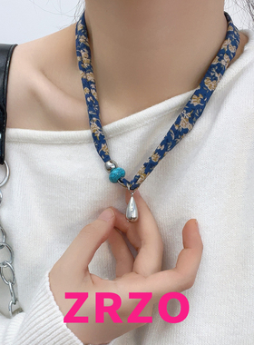 ZRZO蓝色腰果花布艺抽拉项链