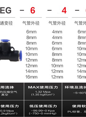 气动快插快速气管接头T型三通变径全PEG16-12 12-10 10-8 8-6 6-4