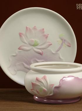 锵锵陶瓷粉莲佛具用品大全家用陶瓷供奉套装供水杯供果盘香炉花瓶